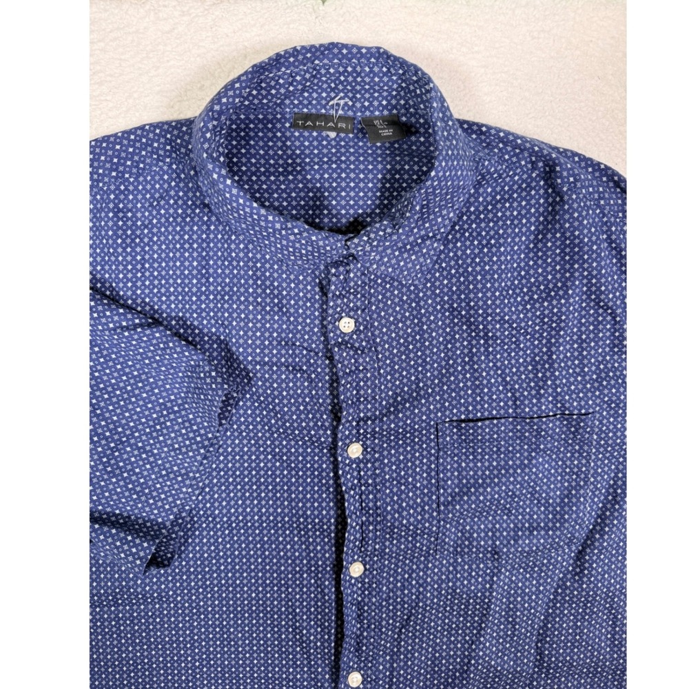 Tahari Mens Large Blue Geometric Print 100% Linen Short Sleeve Button Down Shirt
